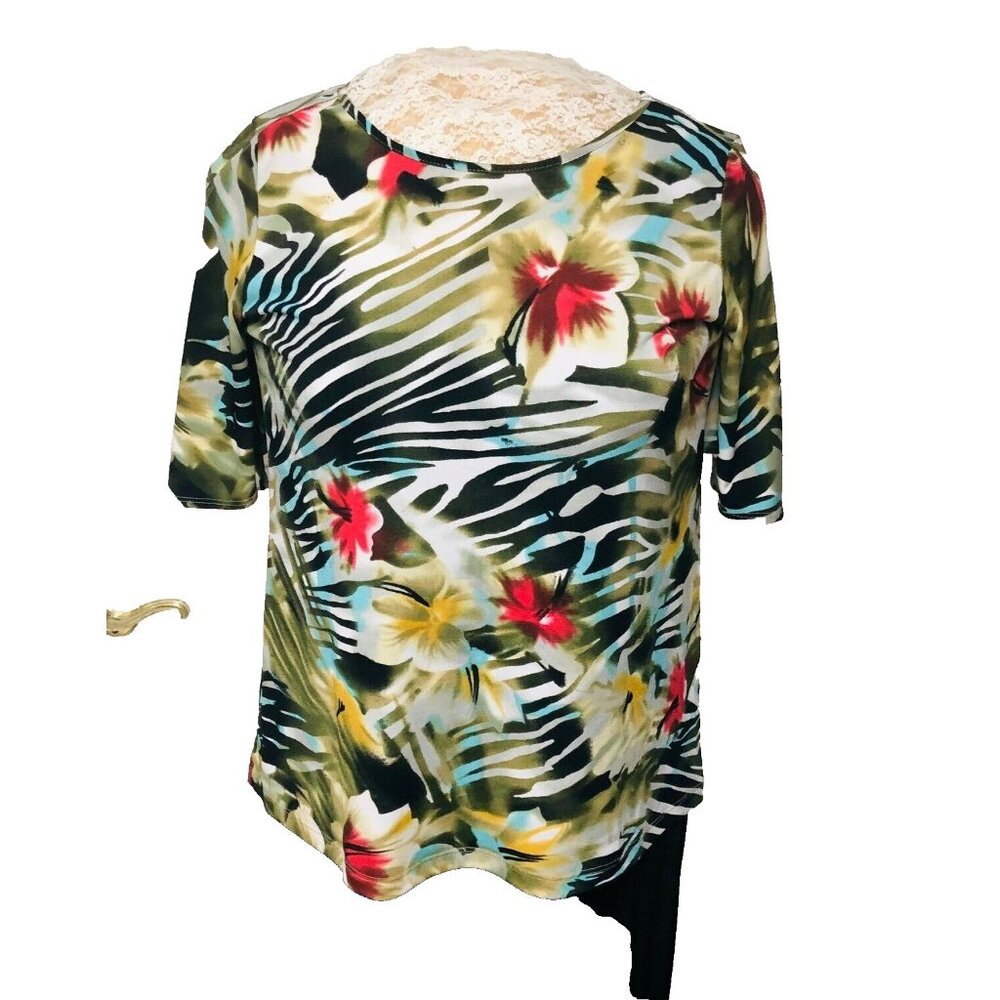 Susan Graver Knit Top Women's S 39 Bust Split Sleeve Retired QVC Floral Abstract
